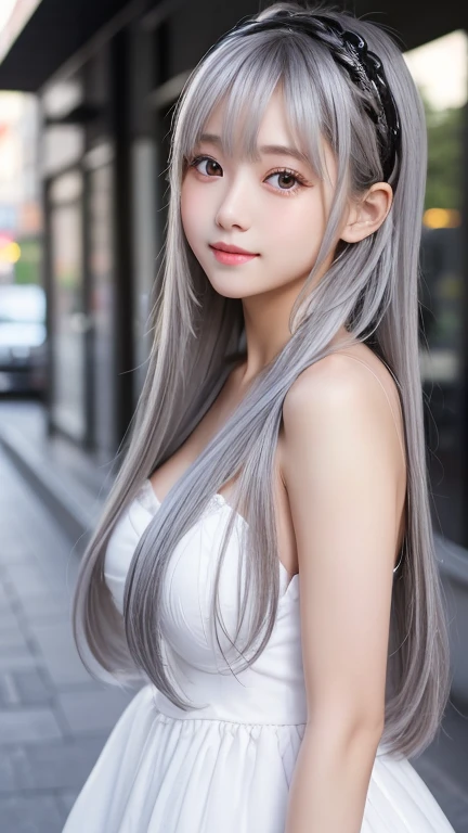 The Shining, clear, White skin、Her windblown silver hair hides her beautiful face...、Huge、、Cute sexy little beautiful face、Beautiful straight hair that stands out、growing up, Shining bright black eyes、length, Silky bangs that cover cute eyes, Sexy and cute young woman with super long hair hiding her sexy face、Shining silver hair、In detail, High resolution, high quality、Perfect dynamic composition, Beautiful attention to detail, Medium Hair, 、Natural color lip,Kamimei、whole body、1 person、Beautiful Skin、Shiny Hair、 最high quality, shape, Very detailed, In detail, High resolution, 8k、The correct state of the human body、Model pose、black gothic dress、Gothic Lolita、
