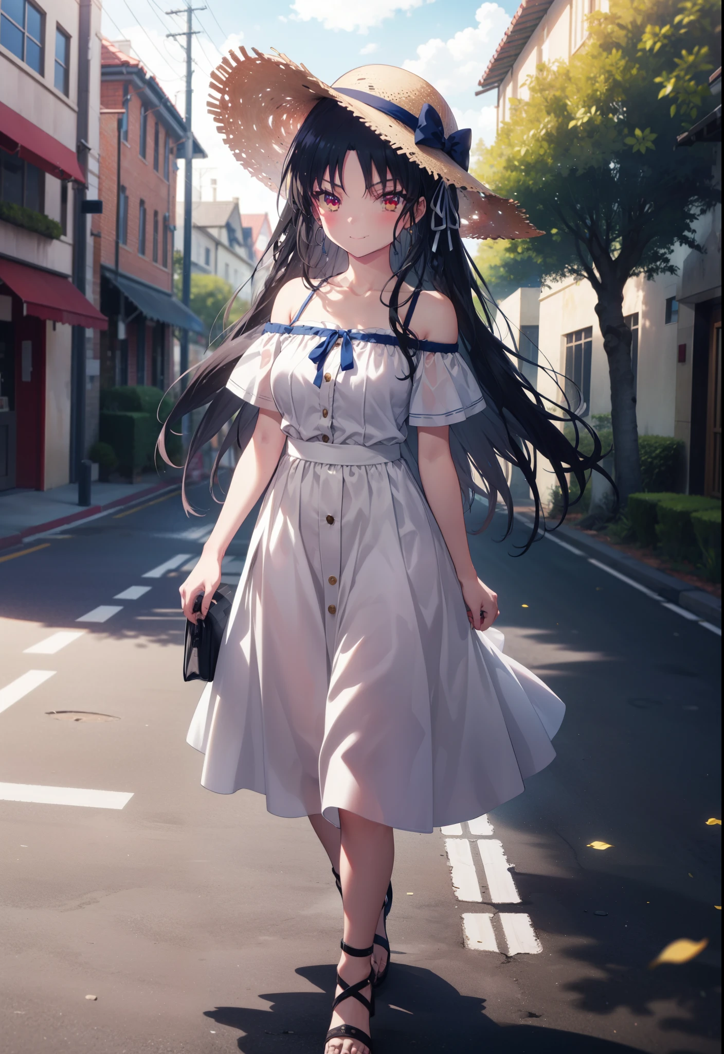 Suzune Horikita, suzune horikita, Long Hair, Black Hair, (Red eyes:1.3), Hair Ribbon, Braiding,blush,smile,Straw hat,Cold Shoulder Shirt,Short sleeve,Long skirt,Cute heeled sandals,Walking,whole bodyがイラストに入るように,
break outdoors, Building district,
break looking at viewer, whole body,
break (masterpiece:1.2), Highest quality, High resolution, unity 8k wallpaper, (figure:0.8), (Beautiful attention to detail:1.6), Highly detailed face, Perfect lighting, Highly detailed CG, (Perfect hands, Perfect Anatomy),