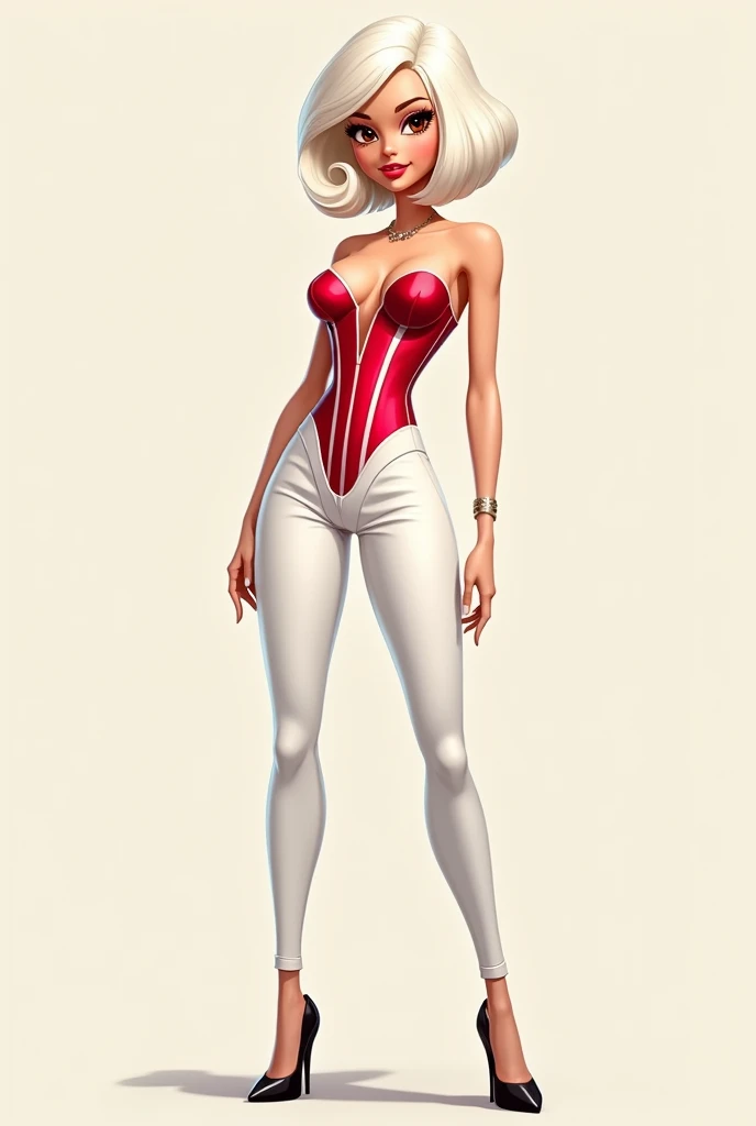 Barbie cartoon style, with brown eyes,short white hair ,dressed in an inverted triangle-shaped corset , Red color with white stripes,white pants,black heels