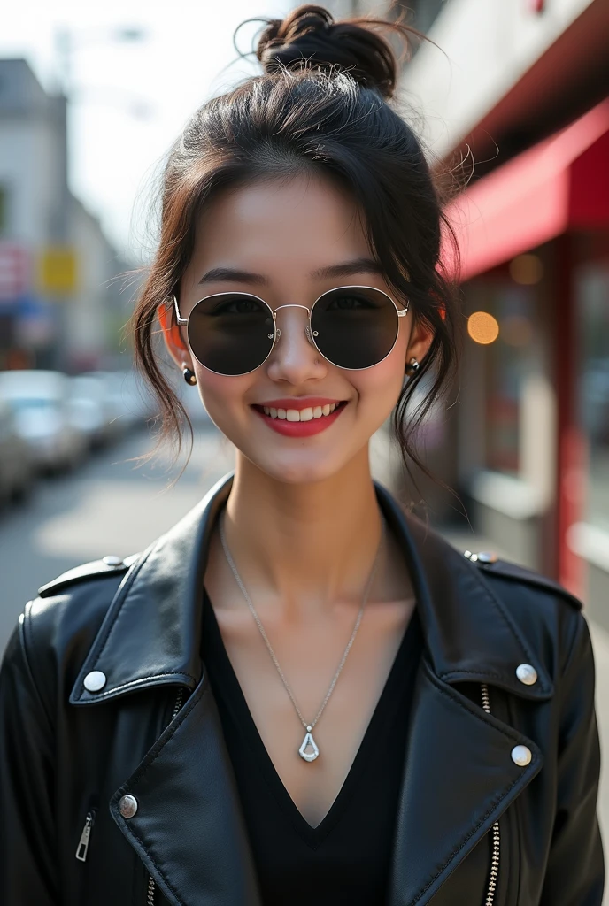 Beautiful young woman of the year、 Korean women、Black Hair、Hairstyle bun、Necklace around the neck、sunglasses、leather jacket、shirt、smile, Beautiful teeth alignment、Intricate details, Very detailed:1.2), 、 Looking into the camera,The background is the town、Ear piercing