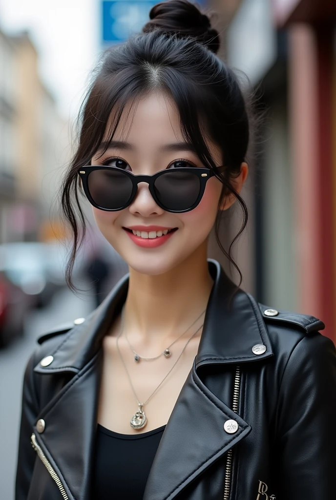 Beautiful young woman of the year、 Korean women、Black Hair、Hairstyle bun、Necklace around the neck、sunglasses、leather jacket、shirt、smile, Beautiful teeth alignment、Intricate details, Very detailed:1.2), 、 Looking into the camera,The background is the town、Ear piercing