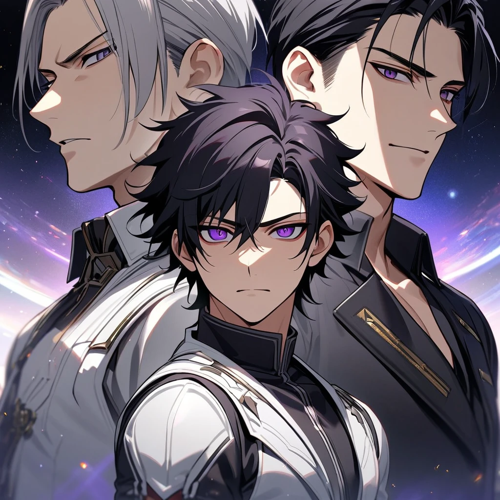High quality, HD, 4k, no shadows, handsome male, handsome, 1male, 18 years old, mature, jet black hair, short black hair, dark hair, black hair, jet black hair, sharp eyes, deep purple colored eyes, dark purple colored eyes, deep purple eyes, purple eyes, devil may cry, close up, calm expression, stoic expression, black leather clothes, white leather clothing, lean body, well trained body, upper body, looking at viewer, cowboy shot, white solar, space background