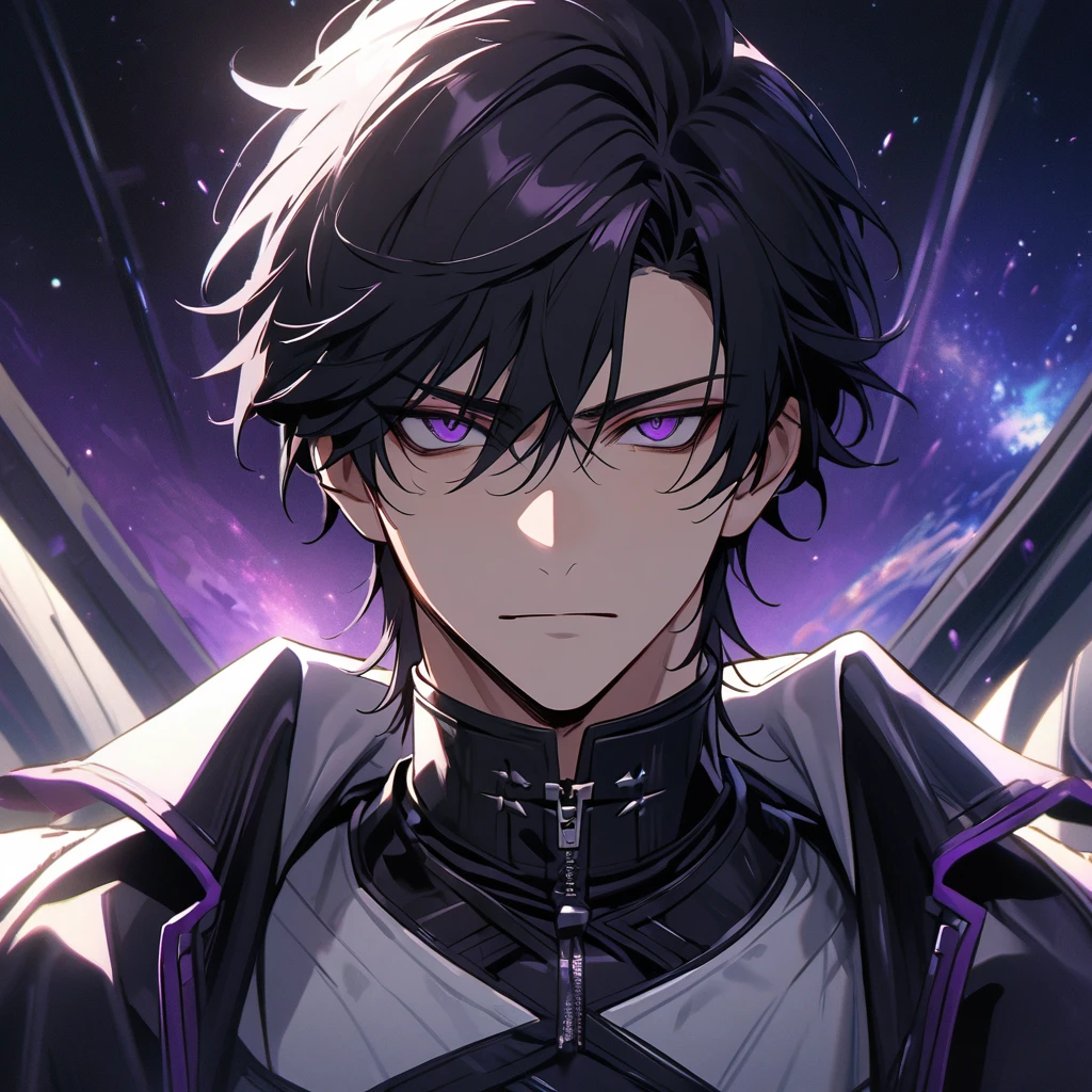 High quality, HD, 4k, no shadows, handsome male, handsome, 1male, 18 years old, mature, jet black hair, short black hair, dark hair, black hair, jet black hair, sharp eyes, deep purple colored eyes, dark purple colored eyes, deep purple eyes, purple eyes, devil may cry, close up, calm expression, stoic expression, black leather clothes, white leather clothing, lean body, well trained body, upper body, looking at viewer, cowboy shot, white solar, space background