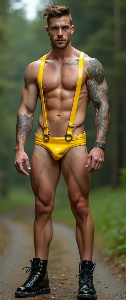 Fullbody standing picture of white skin Handsome muscular horny nude sexy gay boy wearing sexy shiny yellow latex harness, shiny black Disconnected Pompadour oiled hair style, blue eyes, shiny black varnished vinyl shoes, red lip, chain, tattoos, horny, cum shot, sperm, milking penis, very big penis, very big testicle, shiny oiled skin, orgasm, oversexed, standing at outdoor.