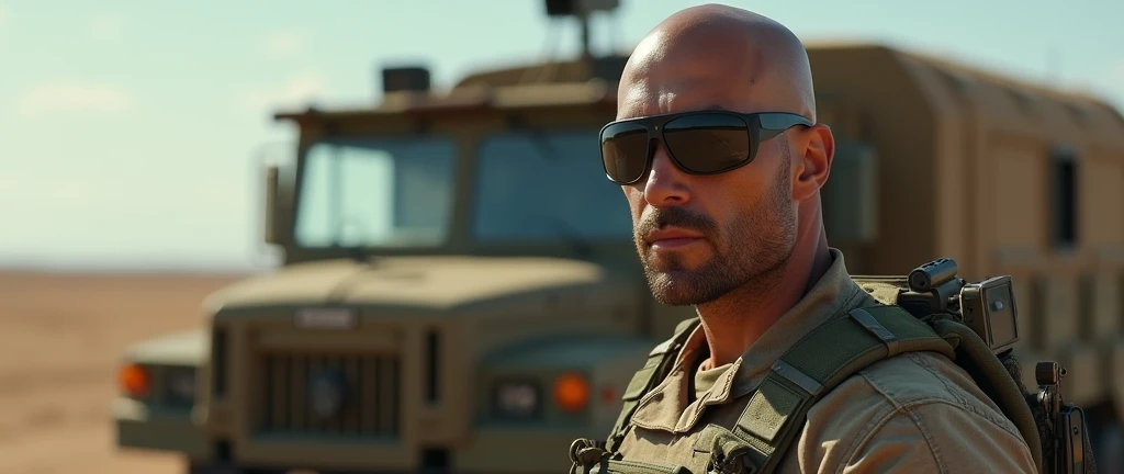 4k ((best quality)), ((masterpiece)), (detailed), hd, realistic face very muscular bald male soldier full body stand by military truck sunglass