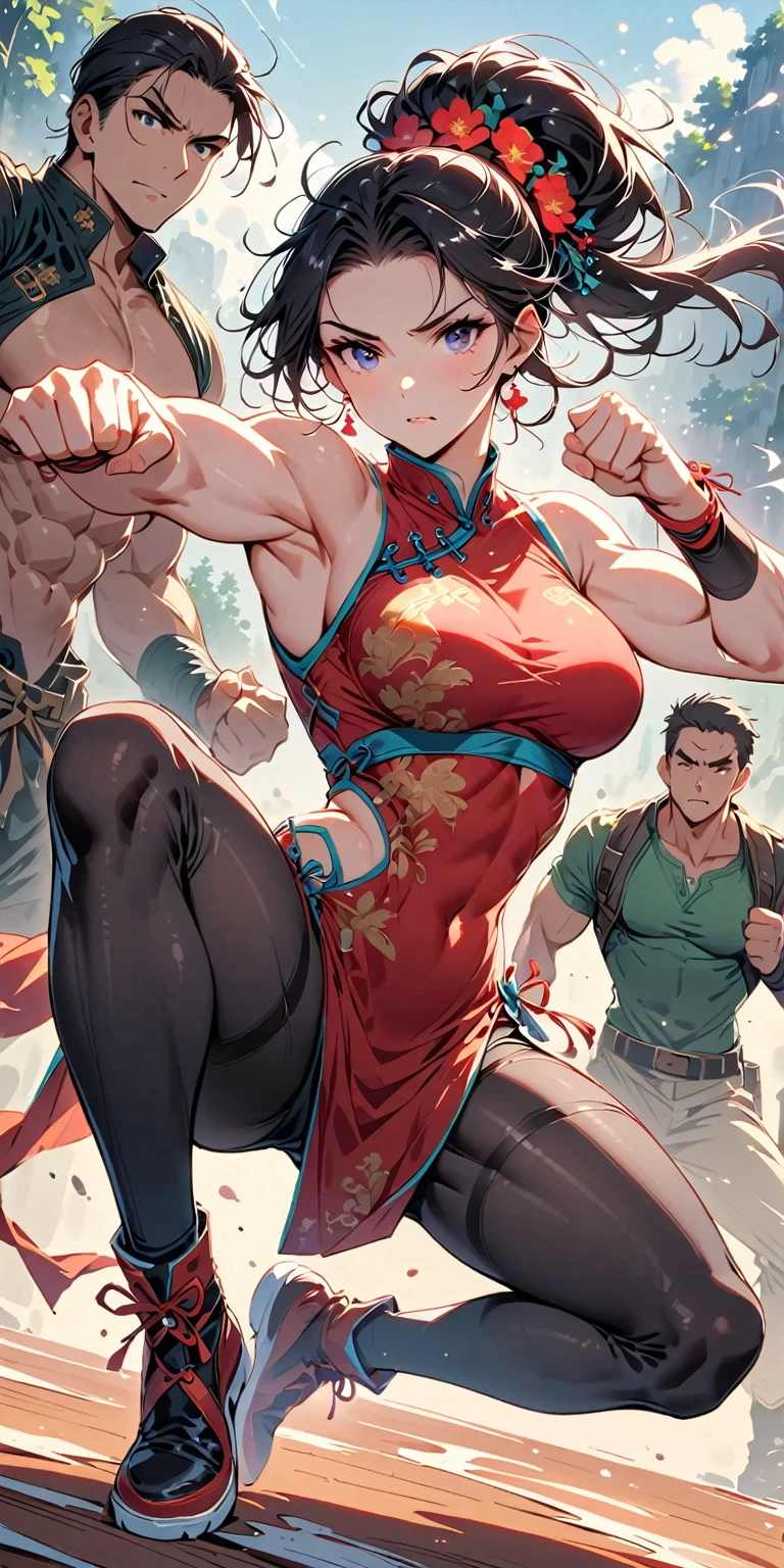 Boxing Match between muscular woman and doing a knee strike, six pack, no men in background , Chinese dress and leggings