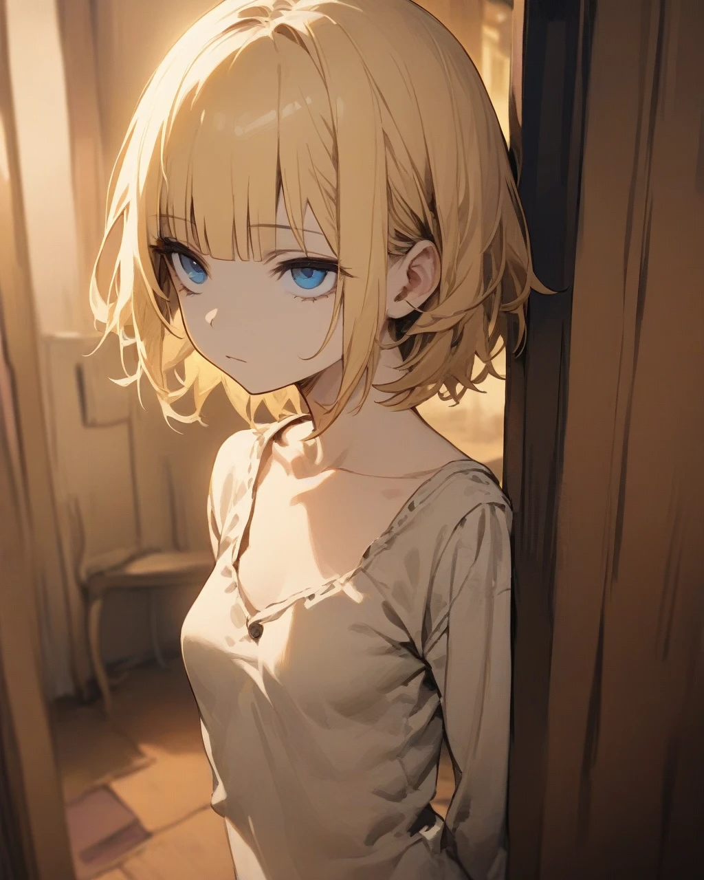 masterpiece,highest quality,1girl,blonde hair,short hair,disheveled hair,blue eyes,(sharp eyes),(slanted eyes),blunt bangs,medium breasts,prostitute,brothel,clear face,expressionless,