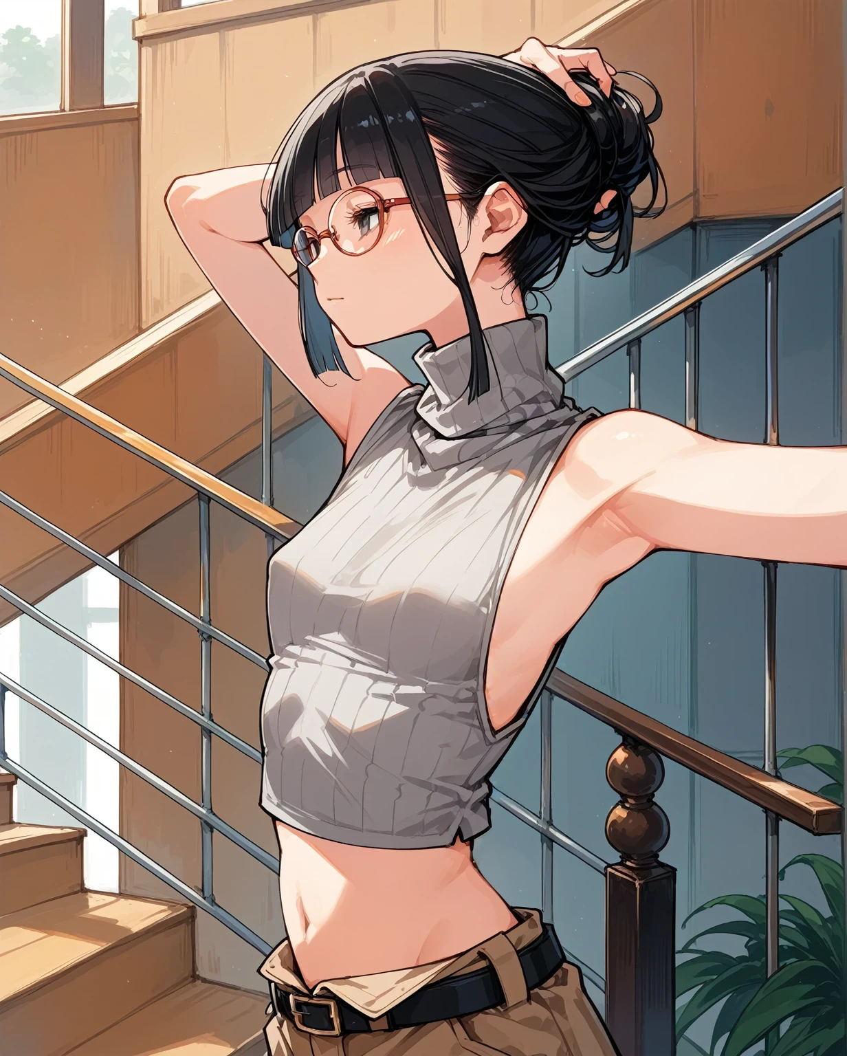 The sides of the upper body are completely exposed,側面が完全に空いているデザインのSleeveless turtleneck,Exposed from the flank to the chest,Protruding ribs,Exposed waistline,Super low rise,Not wearing an inner layer、胸元が開いたデザインのSleeveless turtleneck,Exposed chest､Exposed flanks,sexy,Flat Chest,Focus on your audience,Very thin body,Anime Style,Slim figure,delicate,Glasses,Asian woman wearing a grey top posing on the stairs, Sleeveless turtleneck_With dowel, 脇が大きく開いているSleeveless turtleneck_Relaxed back design,rib cage,Side bust,Shoulders are wide open,sexyなWearing a crop top, Photo of slim girl model, Chiho, T-Top, shikamimi, Wearing a crop top, Real life anime girls, Kurohime cut hair, Chassis, 2 4--old ale model