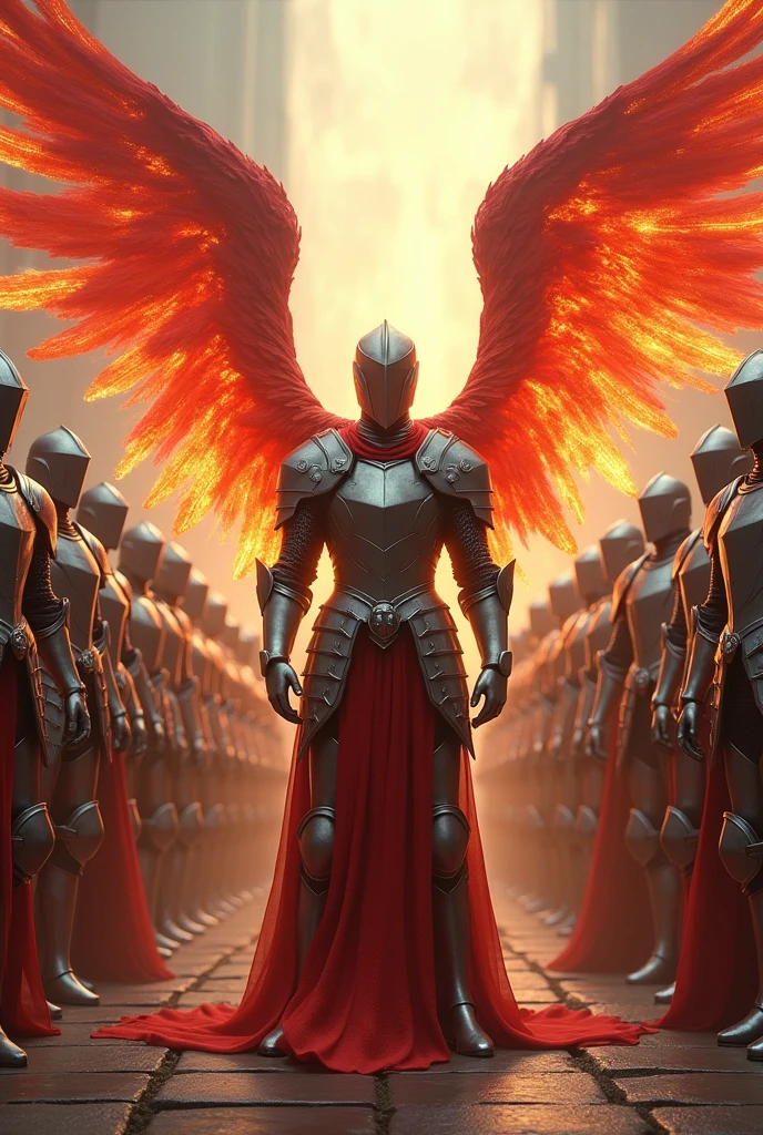 12 Angelic knights with silver-colored faceless knight armor and one of them with red General feathers with aura of fire of power and (Diamond Wings lit on fire)