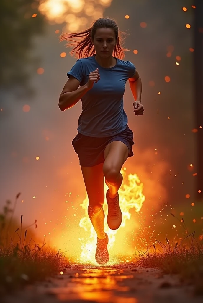 A person running at 90 km/h, This person is shouting put it on 12, fire coming out of her feet