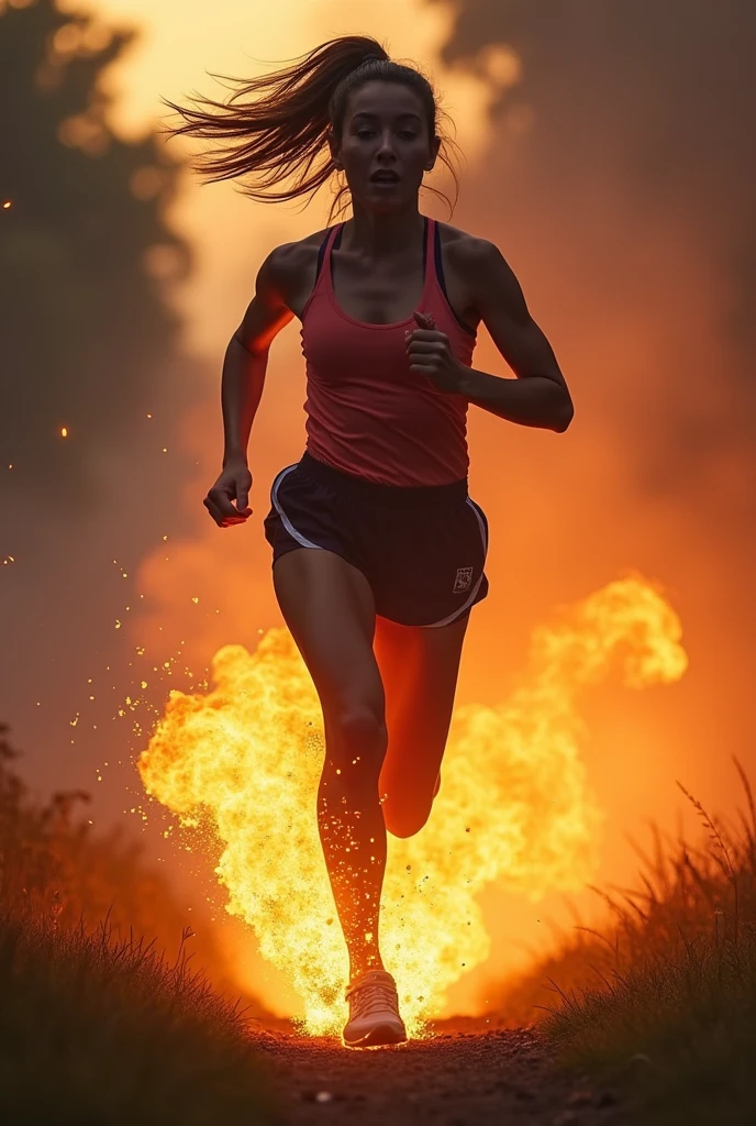 A person running at 90 km/h, This person is shouting put it on 12, fire coming out of her feet