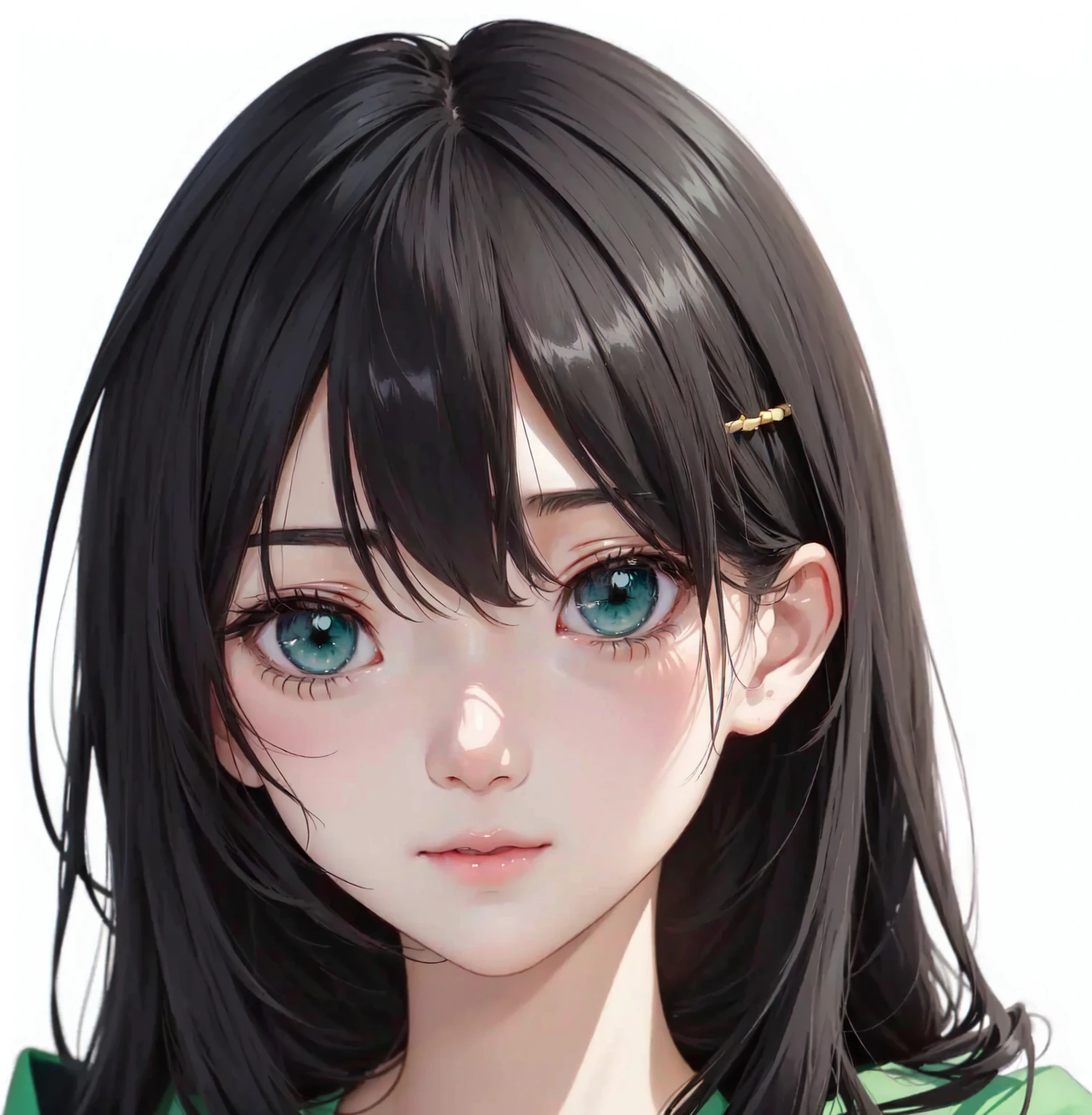 Anime girl with long black hair and green shirt, Anime cute art style, Portrait of anime girl, Kawaii realistic portrait, Detailed portrait of anime girl, Anime Girl Portrait, Cute girl anime visual, Anime portrait of shiina ringo, Portrait Anime Girl, Anime portrait, Anime character portrait, female anime character, Anime style portrait, Portrait of Mayuri Shiina