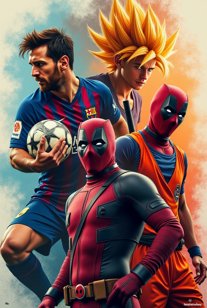 Crear un collage de fotos de Messi, Goku super Sayayin ultra instinto, Deadpool y eminem
