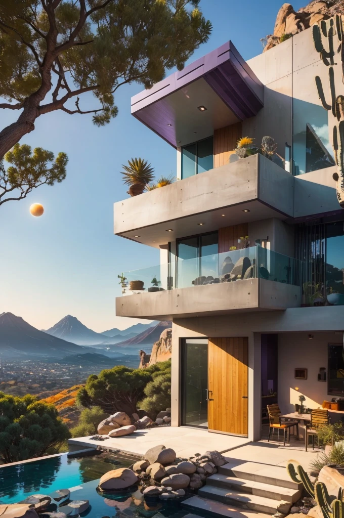 small and beautiful modern house in top of big boulders, terraces, pool, stairs, multiple cacti gardens, palms, trees, rocks, beautiful landscape design, mountains and volcano y background, amazing clouds, sun, moon, planets, milky way galaxy, concrete, wood, glass and steel materials, olive green, violet, orange and withe colors in facade