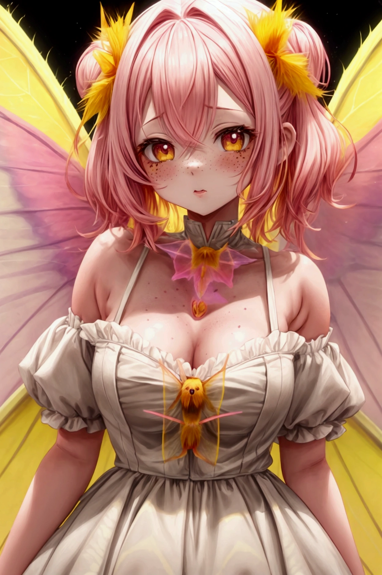 Anime rosy maple moth hybrid girl with short fluffy pink hair, yellow ends, black eyes, smooth skin, glossy lips, light freckles, medium breasts, wearing a cute gray dress, white fluff around her neck, pink and yellow moth antennae, pink and yellow moth wings