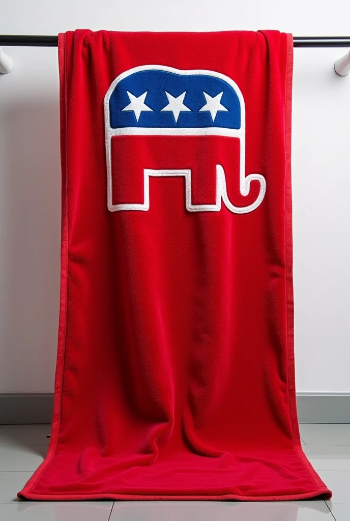 Red towel (Republic party U.S. design) Write Democratic party at upper side of towel