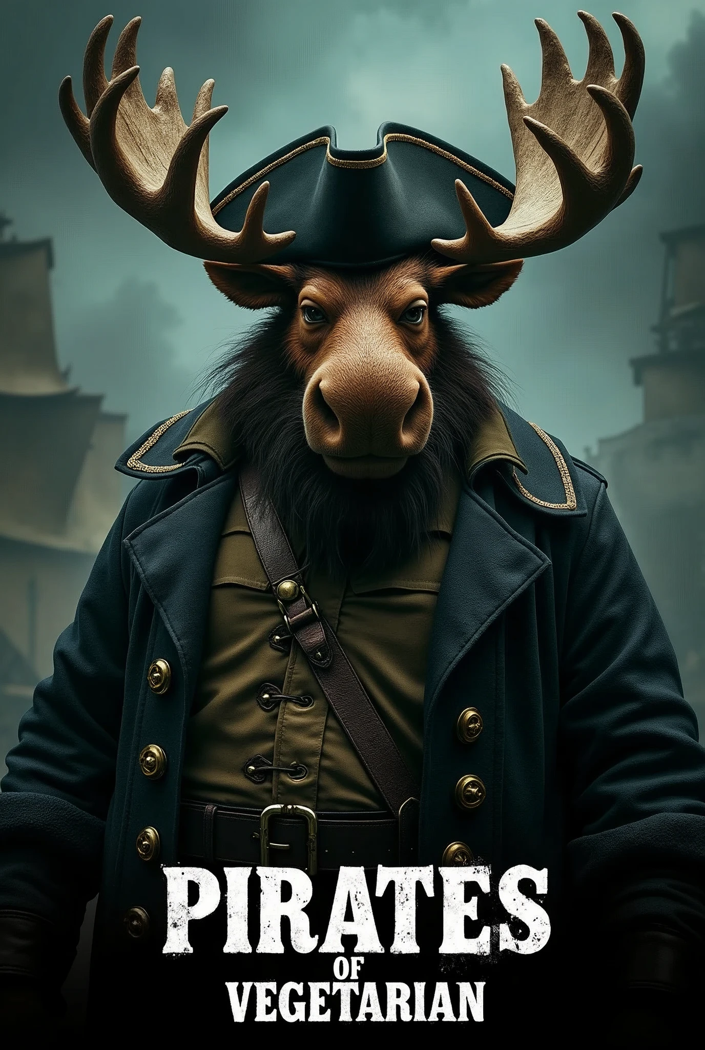 Create a cinematic poster featuring photorealistic portrait of Dressed animals - a ((fat)) moose pirate, , wearing  pirate costume and  pirate hat , with a serious, intense expression, He should be slightly off-center in the composition, The background should be dark and gritty, pirate's ship with smoky or grunge textures, Use a color scheme of black, deep blues, and dark greens, with subtle silver or gold accents to capture the show's mood, At the bottom of the poster, place the text "PIRATES OF VEGETARIAN" in large, bold, distressed letters, in a sans-serif font. The text should have a cinematic style, with slight shadow or glow effects to make it stand out against the background.