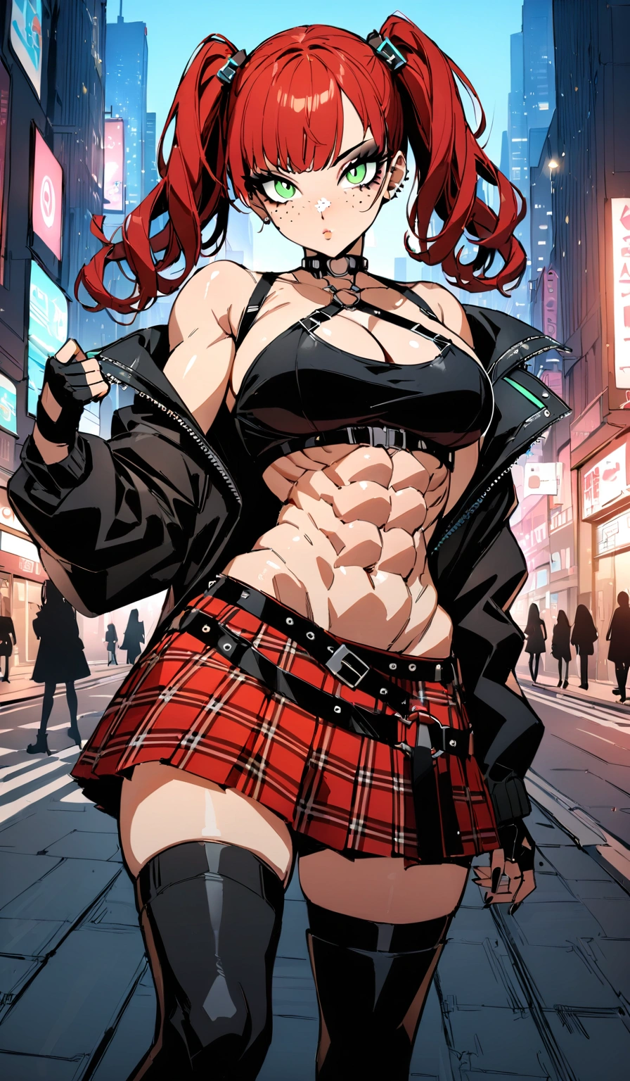 woman, curly red hair in pig tails, green eyes, black eyeshadow, wearing crop top black shirt, long black jacket, red plaid skirt, (black knee high boots), black fingerless gloves, exposed shoulders, large breasts, freckles, abs, cleavage, looking at viewer, masterpiece, best quality, Holo-Punk Style, in the city, make up, eyelashes