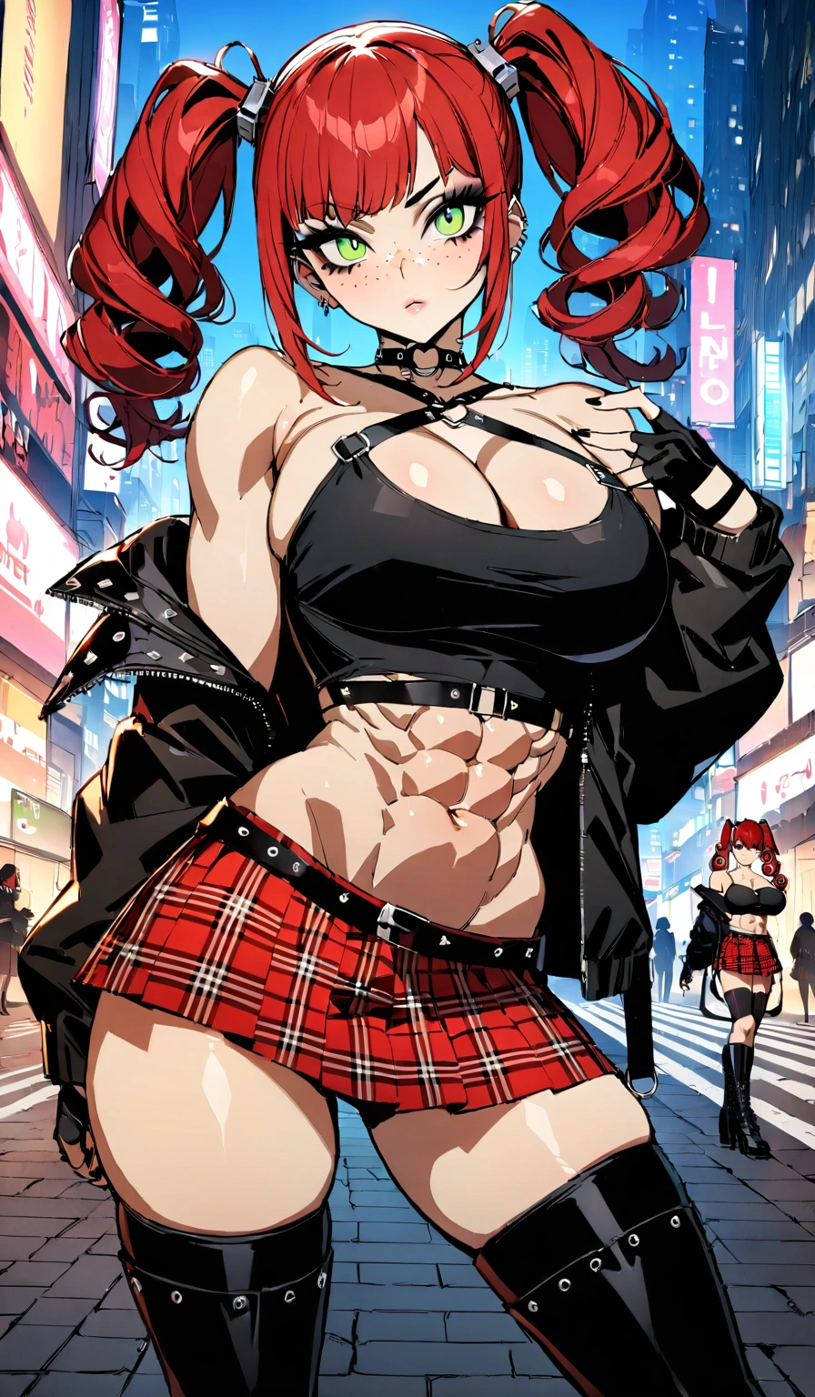 woman, curly red hair in pig tails, green eyes, black eyeshadow, wearing crop top black shirt, long black jacket, red plaid skirt, (black knee high boots), black fingerless gloves, exposed shoulders, large breasts, freckles, abs, cleavage, looking at viewer, masterpiece, best quality, Holo-Punk Style, in the city, make up, eyelashes