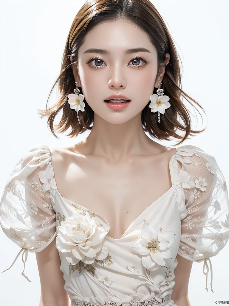 White Background、Professional Lighting、(((Professional Lighting 1.5)))、Translucent skin texture、Beautiful Skin、Beautiful Skin、、(((Whitening 1.5)))、、、音符のEcstasy、((Floral Dress 1.5))、Open your chest wide 1.4、Very good、Mid-shot photo、Simple Earrings、((Brown Hair))、Hair 1.3、Sex Appeal、Sex Appeal、Ecstasy、(((Mid-shot photo1.5))、(((Gravure Posing 1.85)))