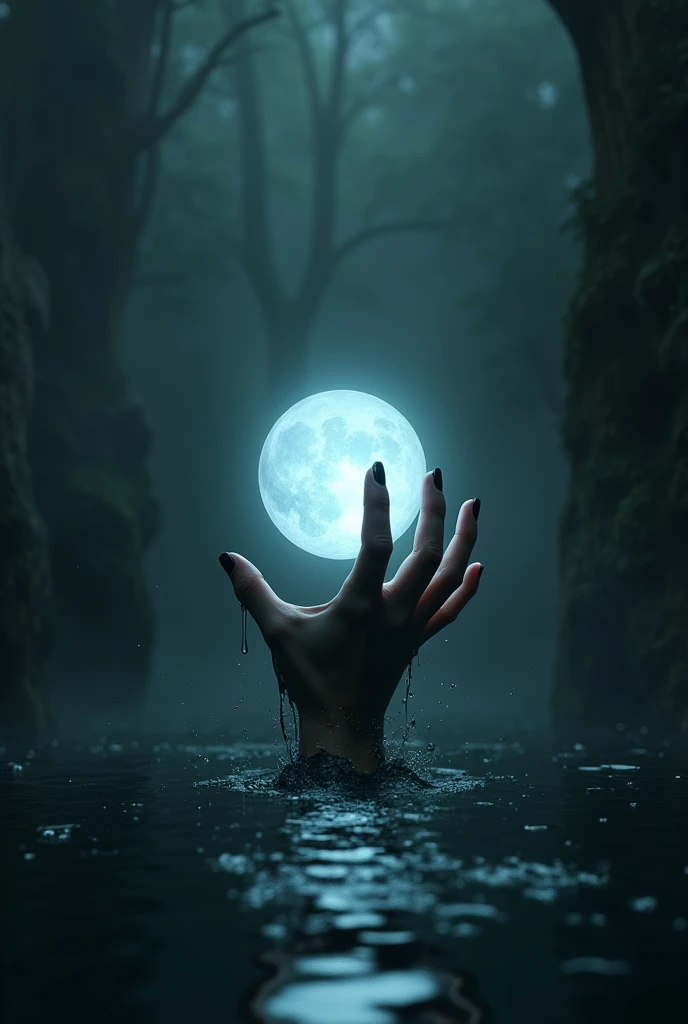It's all dark, and a hand comes out of what appears to be black water trying to reach an orb of blue and white light . The orb of light is translucent and the hand is dripping some black water  The orb should be brighter and the hand should be that of a young person, between 17 and 24 years of age 