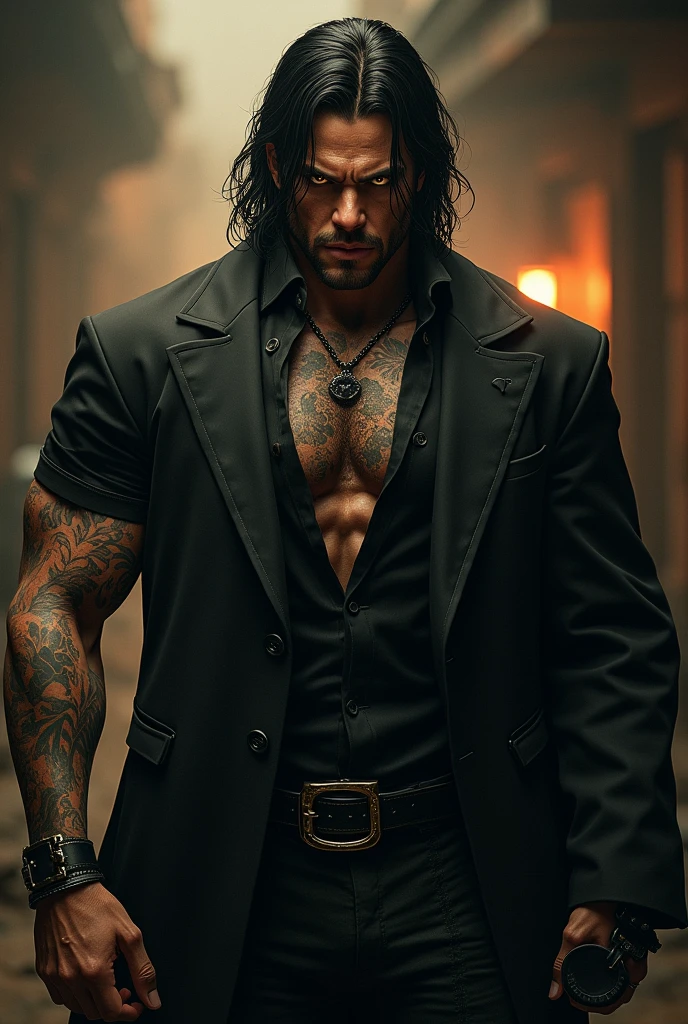 Male 23 year old 6 foot muscular mafia boss with long black hair a scar going across one of his deep piercing golden eyes and tattoos on his arms and neck