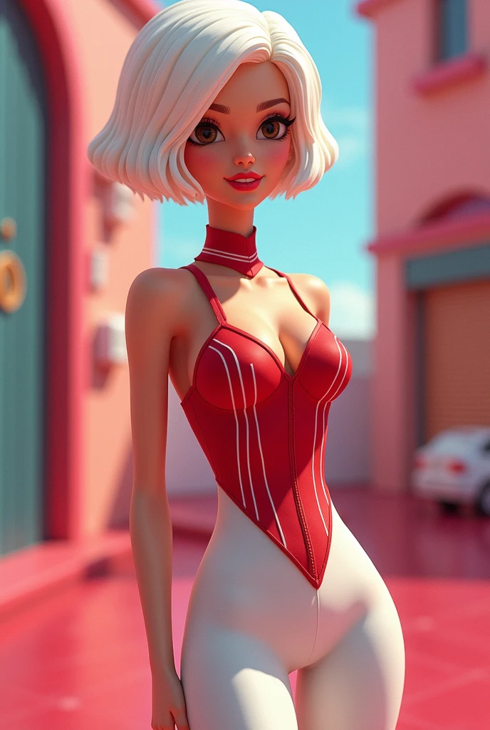 Barbie cartoon style, with brown eyes,short white hair ,dressed in an inverted triangle-shaped corset , Red color with white stripes,white pants,black heels