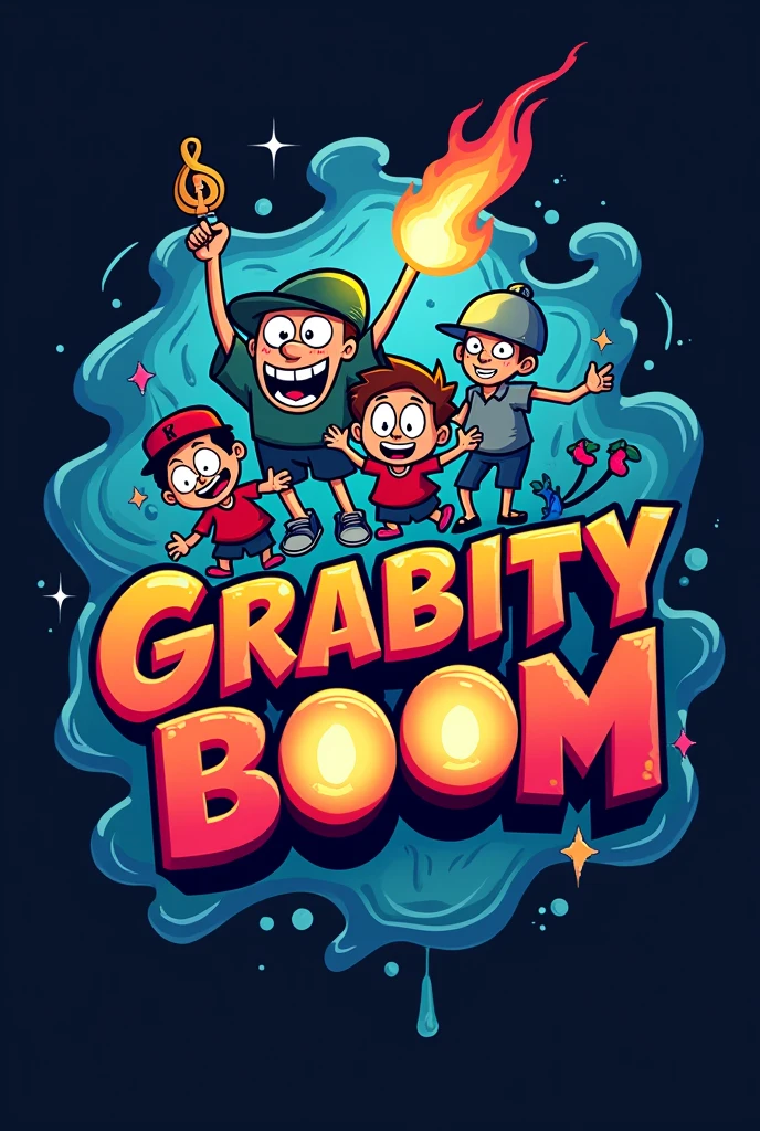 A logo that has the word GRABITYBOOM and a background image of gravity falls characters