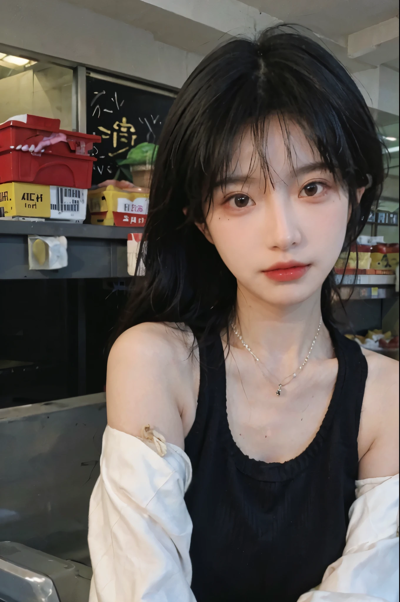 Best quality,Ultra-high resolution,(Reality:1.4),Cute hairpins,girll,Black cropped top,Look directly at the audience,Full of atmosphere,Beautiful woman with a slim figure:1.4,supermarket,whole body,Super delicate face,Exquisite eyes,Double eyelids,necklace,Black wearing mask,