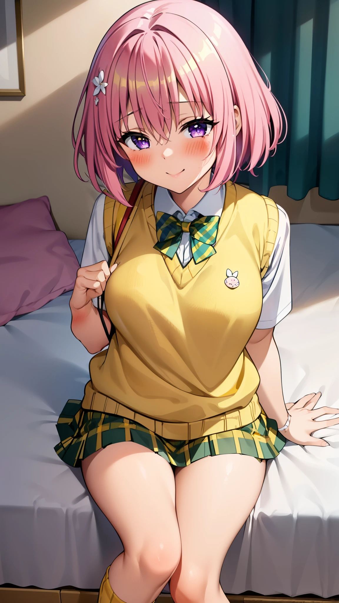 8k,Highest,quality,(highest quality:1.1), (masterpiece:1.4), (Confused:1.0),
1 girl, Momo Deviluke, hair ornaments, Bobcut, Short Hair Pink Hair, Purple eyes, Medium chest, green skirt, Plaid, Plaid skirt, sainan high school uniform, skirt, Sweater vest, Knee socks, socks ,(Yellow Sweater:1.5), Short sleeve,((white bed)),((In her room)), (blush:1.2), smile,(Perfect Fingers),mesugaki,