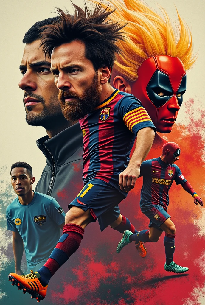 Crear un collage de fotos de Messi, Goku super Sayayin ultra instinto, Deadpool y eminem
