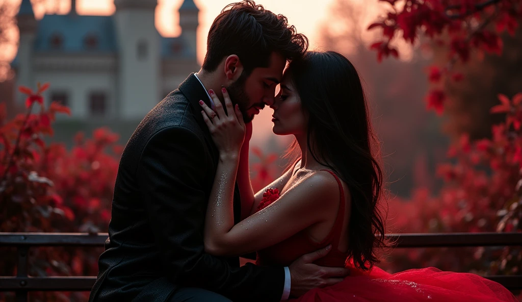 Intimate and high-quality photos of (Couple:1.2), Sit On (Bench:1.1), (Enchanting Light:1.1), sexy, passionate, exquisitely detailed, (sweat:1.1) with (glittering droplets:1.1), castle backgrounds, Sony Alpha 7R IV Camera, Digital Photo, f/2.8 lens, black-red, , Too many realistic textures, trends on social media, night light