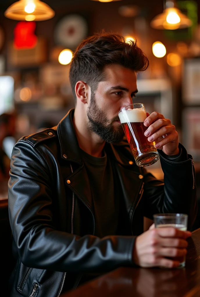 Man in black leather jacket drinking beer at a pub