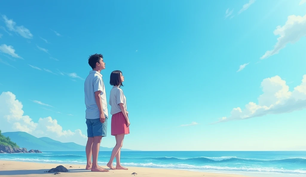 (best quality, masterpiece, ultra detailed), A Japanese man and a woman look up at the blue sky on the beach