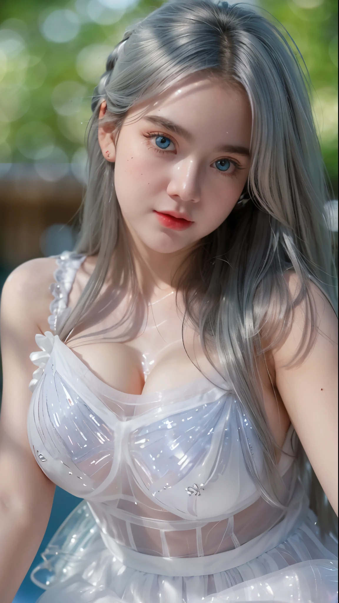 Georgeous, Beautiful, Cute, , 18 Years Old, Whitkin, Cleavage, ((Large Colossal Breast:1.3)), Sleeveless, Off Shoulder, Strapless, ((Transparent:1.3)), ((White Long Lolita Dress)), (Embroidery), Posing, ((Silver Hair)), ((Bright Blue Eye)), ((Muscles:1.2)), ((Bokeh:1.3)), Animal Farmer Background, Masterpiece, Twintails, Arms Up