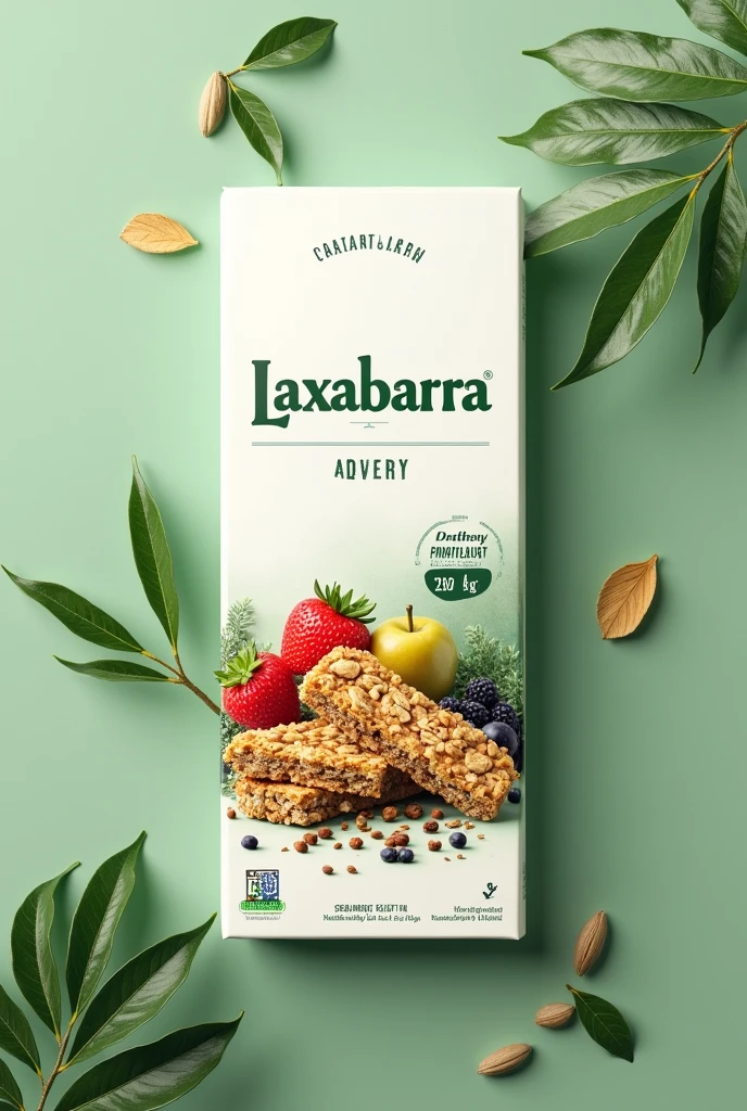 I want a one-page pamphlet in green and white only with the title "Laxabarra", that has decoration, granola bars, fruits, seeds, that does not contain any text