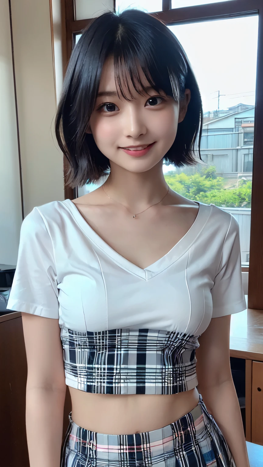 Highest quality, masterpiece, Ultra-high resolution, (Realistic:1.3), RAW Photos, (Upper Body), (18-year-old), (Glowing Skin), (short hair, Black Hair), (Ultra detailed face), (Highly detailed eyes), (Highly detailed nose), (Highly detailed mouth), (Very skilled hands), (Super-detailed body), Nikon, 85mm lens, f9.0, Pan Focus、White blouse,(Pleated Check Mini Skirt),Wooden classroom,(((A very cute face like a top Japanese idol)))、(((smile)))