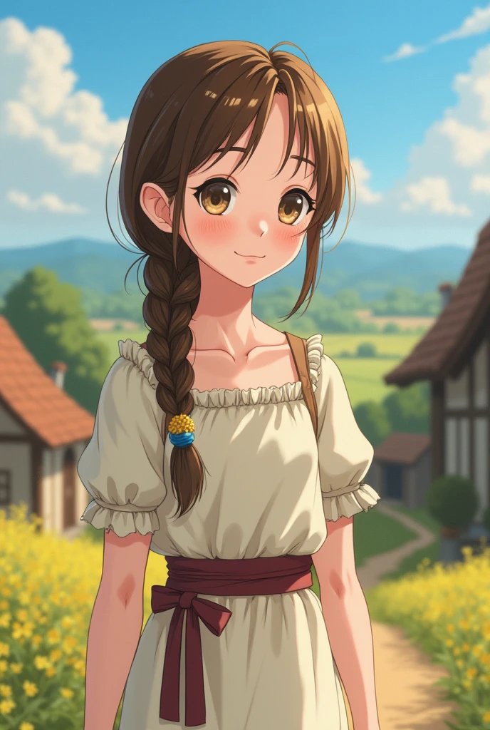 A young girl with a kind and gentle face, still retaining a sense of innocence, standing in a medieval rural setting. She has a slightly pale complexion and a thin, delicate body. The background features a simple countryside environment with rustic elements like fields, cottages, or a small village. The image is in an anime style, emphasizing her youthful appearance, pale skin, and the serene, rural atmosphere.