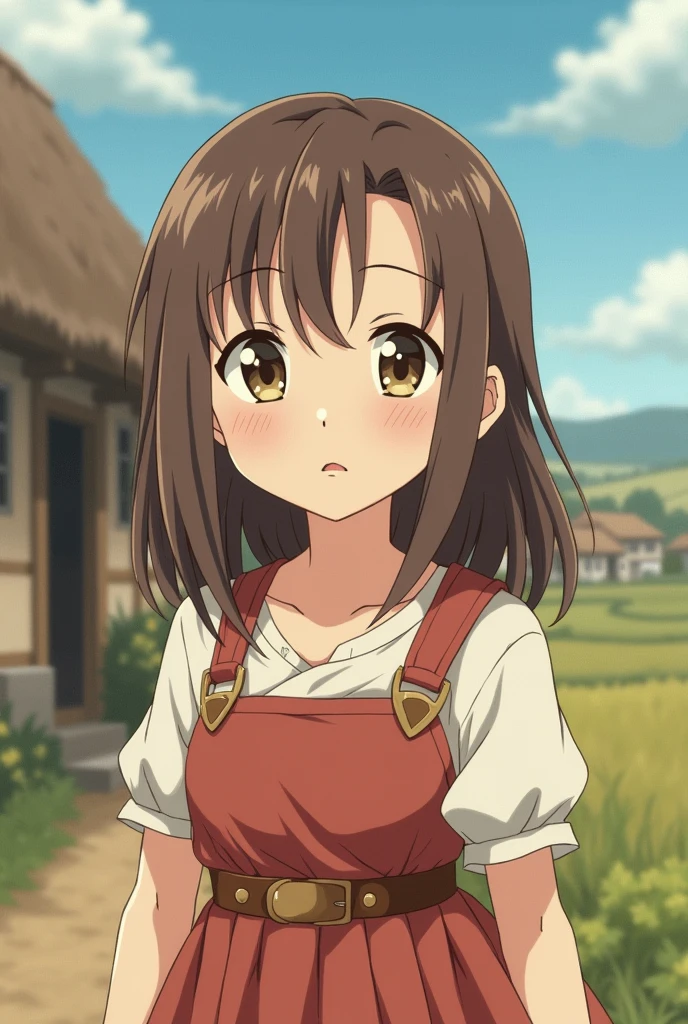 A young girl with a kind and gentle face, still retaining a sense of innocence, standing in a medieval rural setting. She has a slightly pale complexion and a thin, delicate body. The background features a simple countryside environment with rustic elements like fields, cottages, or a small village. The image is in an anime style, emphasizing her youthful appearance, pale skin, and the serene, rural atmosphere.
