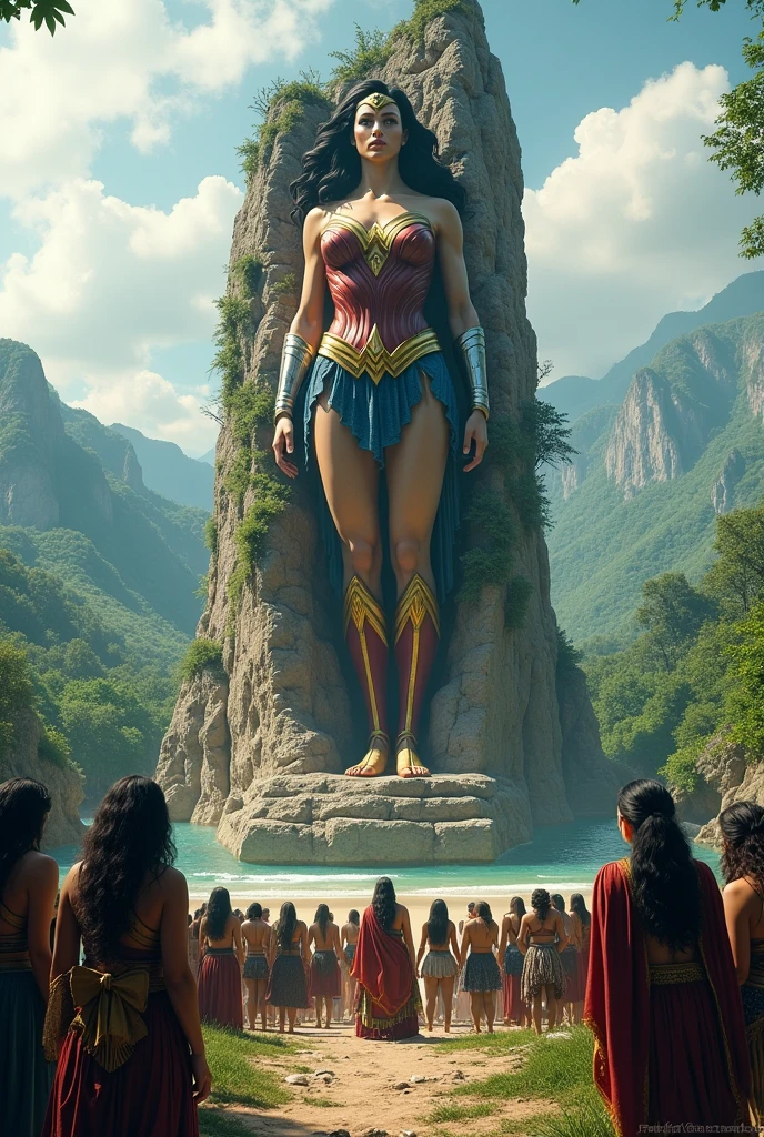 Panoramic view of paradise island home of the amazon warriors worshipping a ruined stone statue of wonder woman