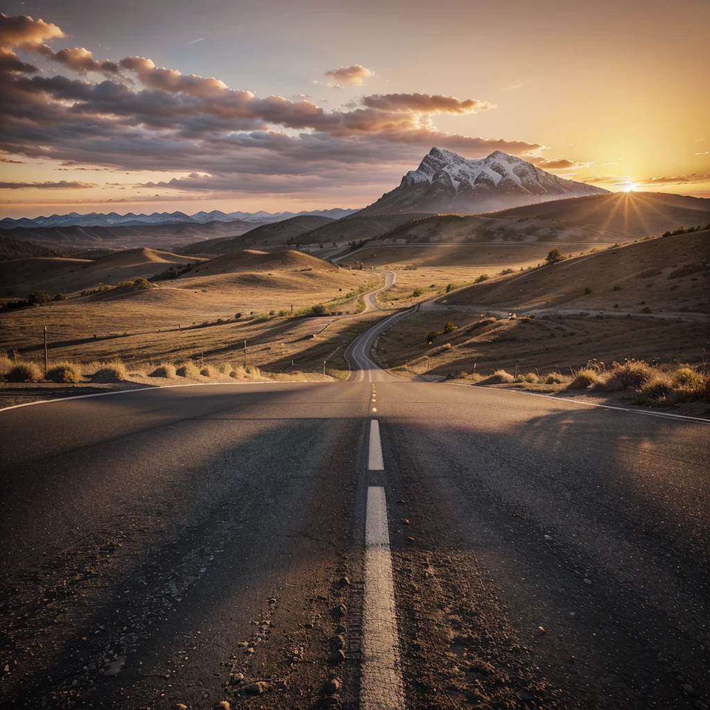 The image you describe seems to capture a majestic sunset. on the horizon, The mountains probably have a defined outline against the sky, which could be full of warm tones like oranges, reds and pinks due to the setting sun. The plain in the foreground offers a wide, open view., with the road suggesting that the photo was taken from a high vantage point or along a road. The road can add a sense of depth to the scene, guiding the view towards the sunset and the mountains in the distance. The combination of these elements creates a serene and panoramic image as if it were from the side.