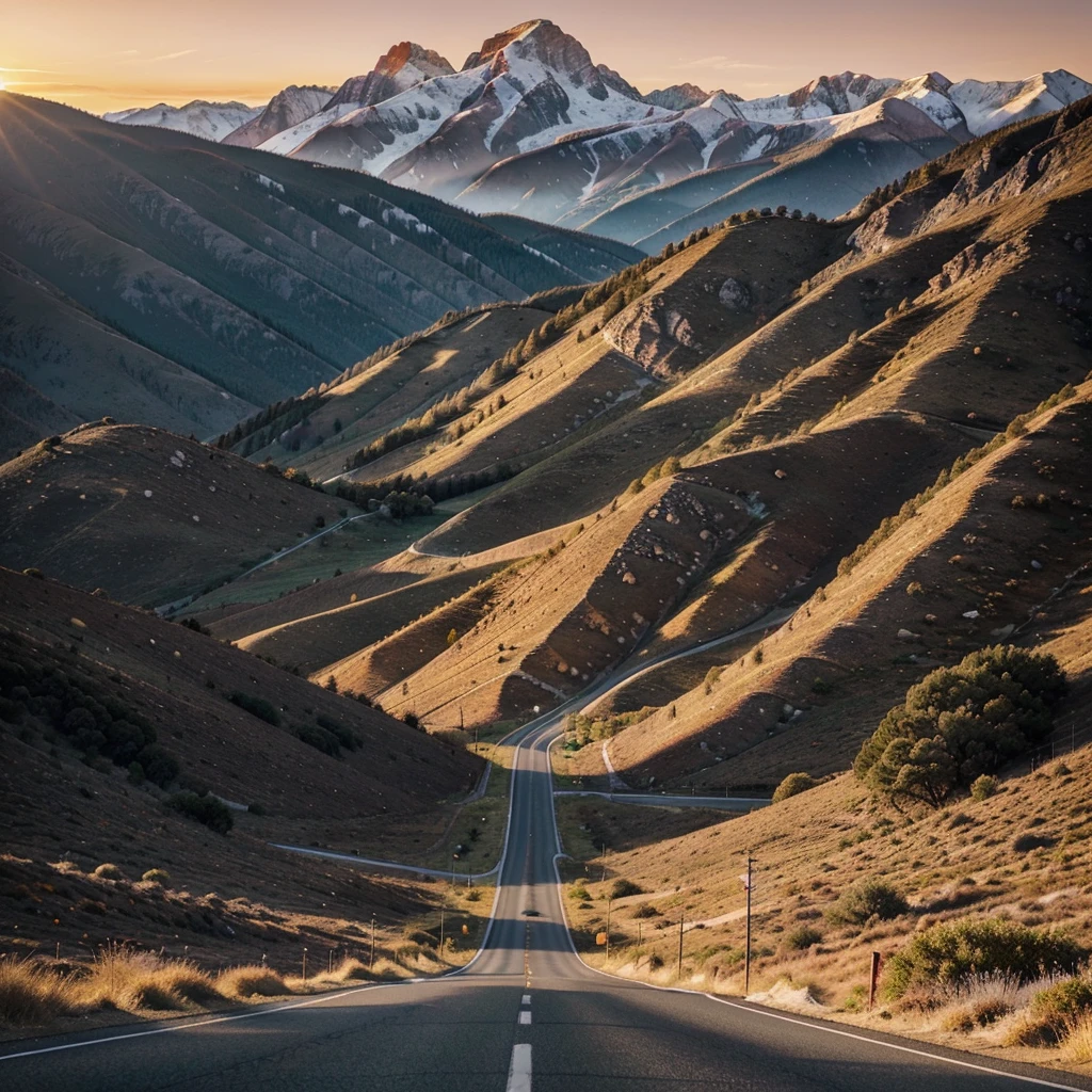 The image you describe seems to capture a majestic sunset. on the horizon, The mountains probably have a defined outline against the sky, which could be full of warm tones like oranges, reds and pinks due to the setting sun. The plain in the foreground offers a wide, open view., with the road suggesting that the photo was taken from a high vantage point or along a road. The road can add a sense of depth to the scene, guiding the view towards the sunset and the mountains in the distance. The combination of these elements creates a serene and panoramic image as if it were from the side. 
