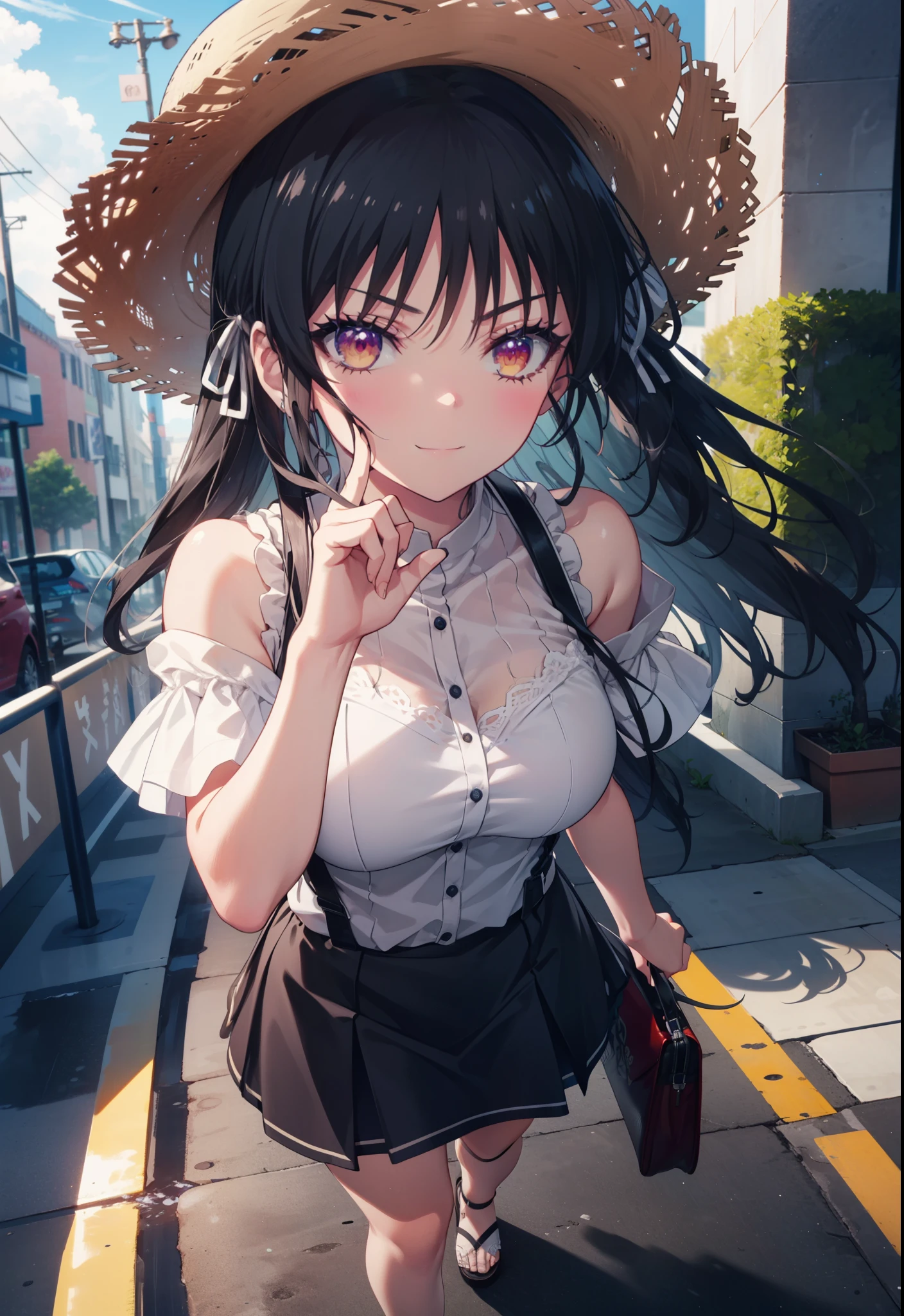 (8k, Highest quality, Tabletop:1.2)、Ultra-high resolution、Women、(((Shirt lift))),((Floral Decorative Bra,)),Blunt Bang、Detailed fingers、Beautiful face in every detail、Deep and detailed、Expressionless,School uniform with mouth open, Sailor suit,((Black Hair,Silver-striped hair))、Straight Hair、Plain Pleated Skirt、Captivate your audience、standing、on the road、In the middle of the intersection,Large Breasts