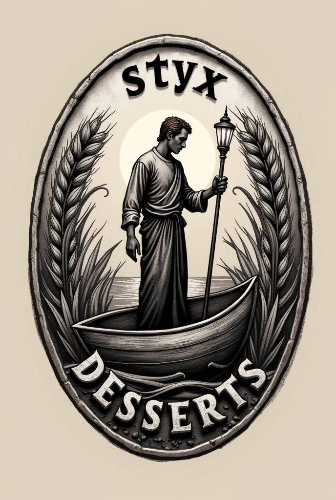 Coffee shop logo shaped like an antique silver coin, with a cocoa bean at the tip , branches of wheat, a boatman in his canoe with a lamp in his hand facing forward based on Charon , that says Styx desserts in black and worn letters around the edge