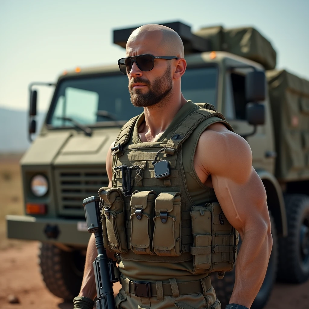 4k ((best quality)), ((masterpiece)), (detailed), hd, realistic face very muscular bald male soldier full body stand by military truck sunglass, 