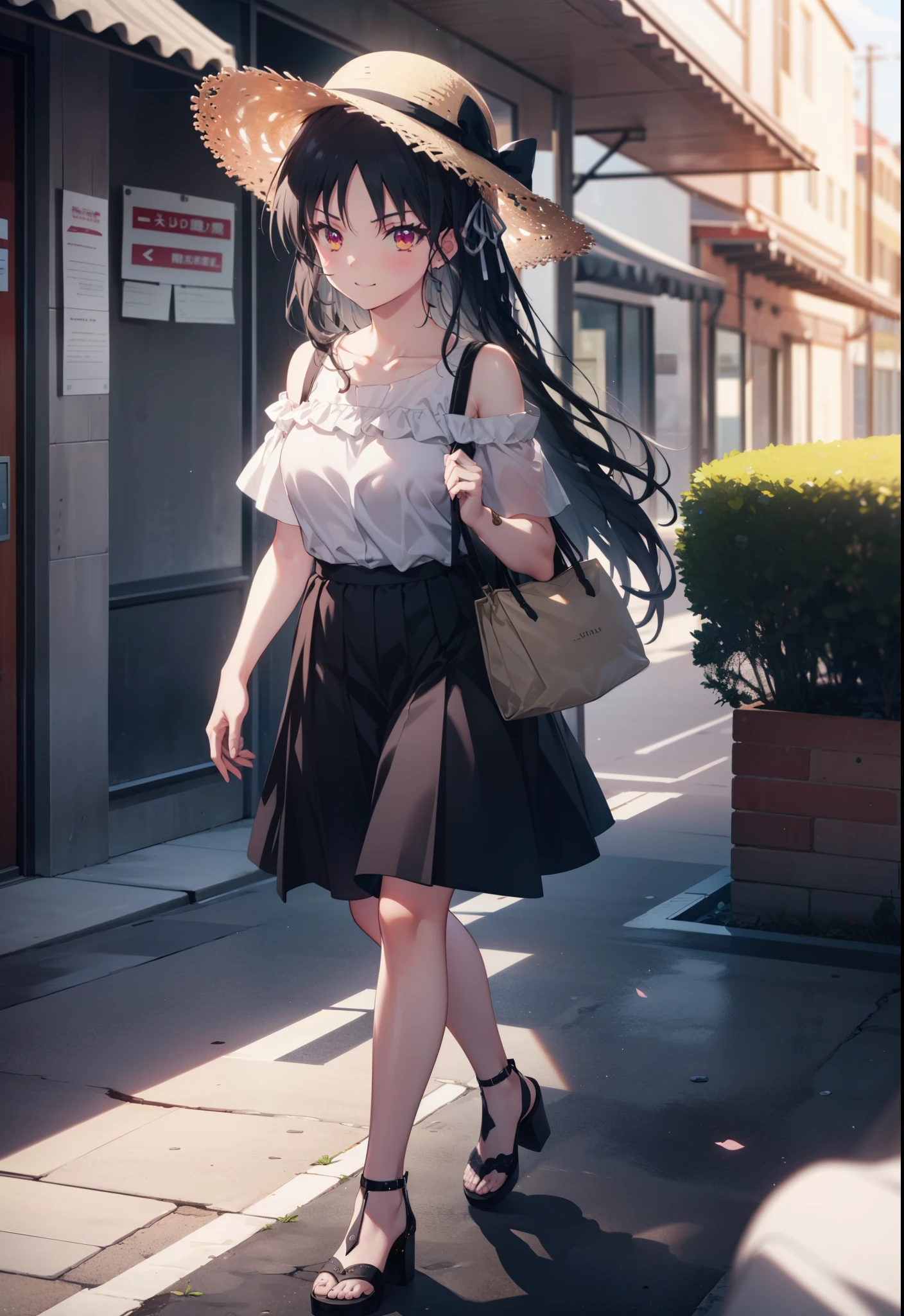 Suzune Horikita, suzune horikita, Long Hair, Black Hair, (Red eyes:1.3), Hair Ribbon, Braiding,blush,smile,Straw hat,Cold Shoulder Shirt,Short sleeve,Long skirt,Cute heeled sandals,Walking,whole bodyがイラストに入るように,
break outdoors, Building district,
break looking at viewer, whole body,
break (masterpiece:1.2), Highest quality, High resolution, unity 8k wallpaper, (figure:0.8), (Beautiful attention to detail:1.6), Highly detailed face, Perfect lighting, Highly detailed CG, (Perfect hands, Perfect Anatomy),