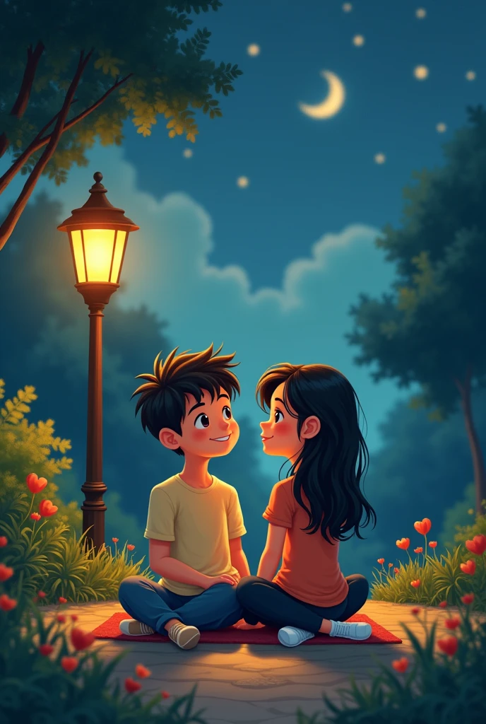 cartoon two couple sit under night lamp at park facing behind. With word “Forever we’ll grow”