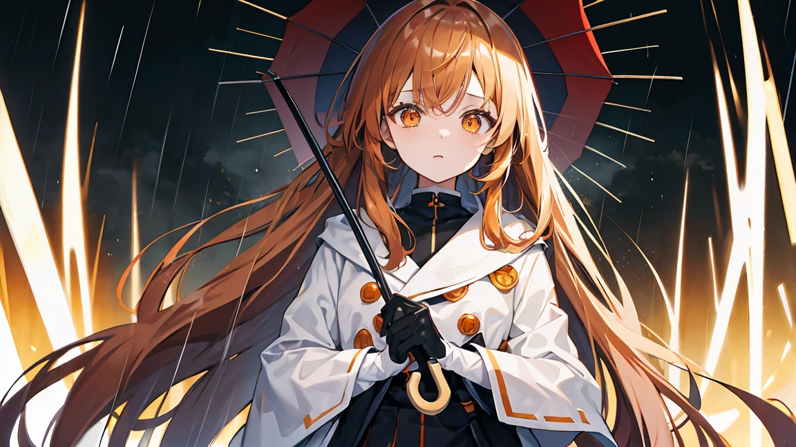 Orange eyes、Brownish hair color、Long Hair、upper body perspective、Just standing、Raining background、White、Looking down with cold eyes、Hold an umbrella