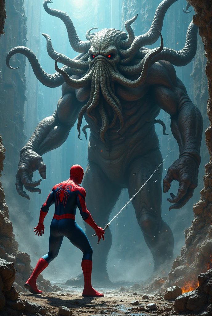 Make a picture of spider man defending himself against a creature in the universe of chulthuluh octopus face to face photo