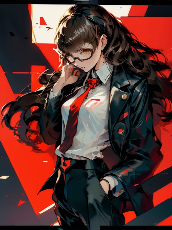 ((chibi)), big head, focus face, in the art style of persona5, (masterpiece:1.2, highest quality), (Realistic, photoRealistic:1.4), Beautiful illustrations, (Natural Side Lighting, Cinema Lighting), Written boundary depth, Beautiful thighs staring at the viewer, 1 female, 20-year-old, alone, thin, slender, (small breasts), long Hair, curly Hair, Forehead, Forehead, Forehead, Forehead, thin, slender, glasses, ((Skinny black pants, collared shirt, necktie)), Are standing, (((glasses)))